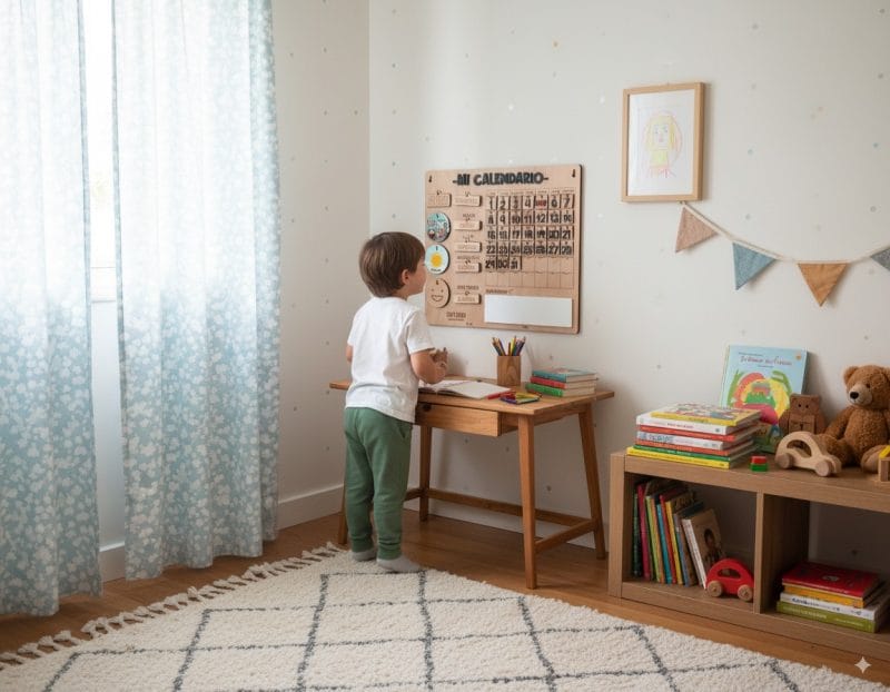 Calendario educativo de madera para niños con fichas de estaciones y emociones – fabricado en Uruguay