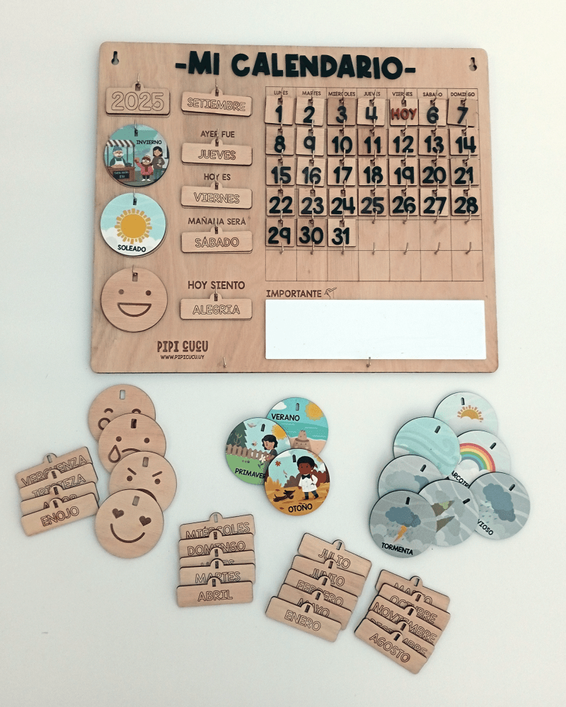 Calendario educativo de madera para niños con fichas de estaciones y emociones – fabricado en Uruguay