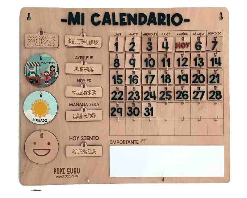 Calendario educativo de madera para niños con fichas de estaciones y emociones – fabricado en Uruguay