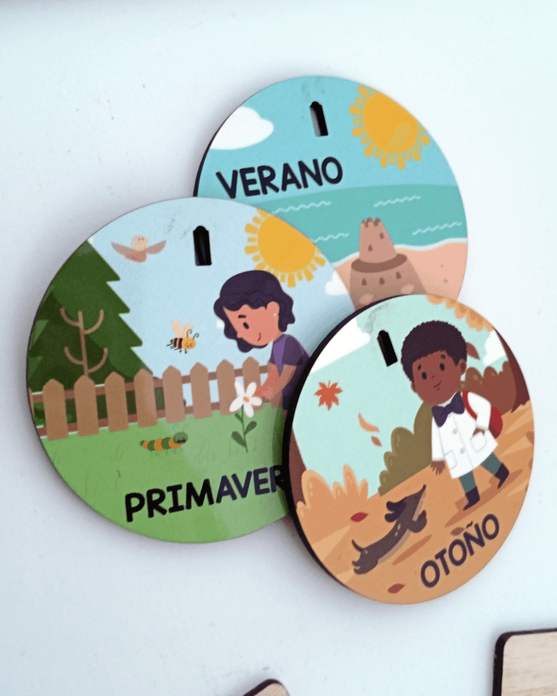 Calendario educativo de madera para niños con fichas de estaciones y emociones – fabricado en Uruguay
